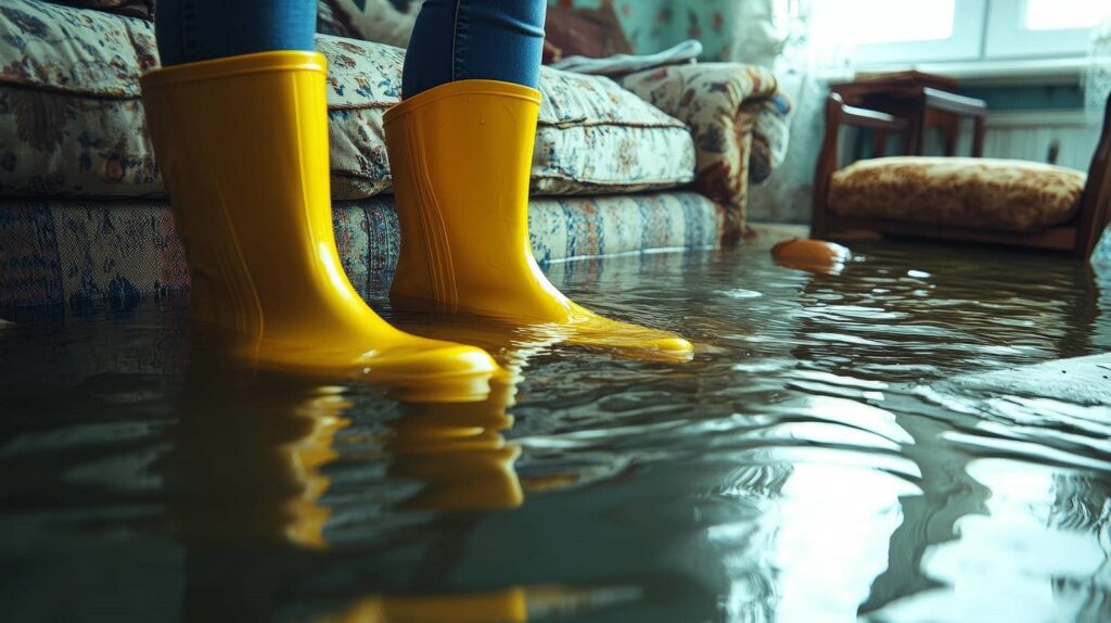 Person wearing yellow rain boots standing in a flooded living room with water covering the floor.