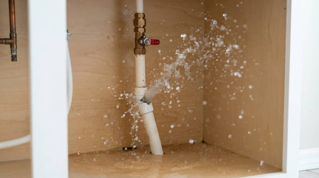 Burst water pipe spraying inside a cabinet.