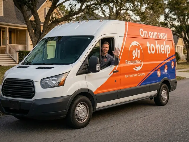 Man waving from the driver's seat of a white and orange service van parked on a residential street.