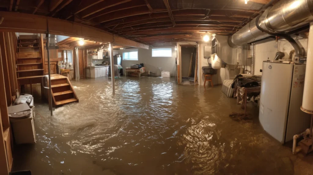 Basement flooded with several inches of water covering the floor and furniture.