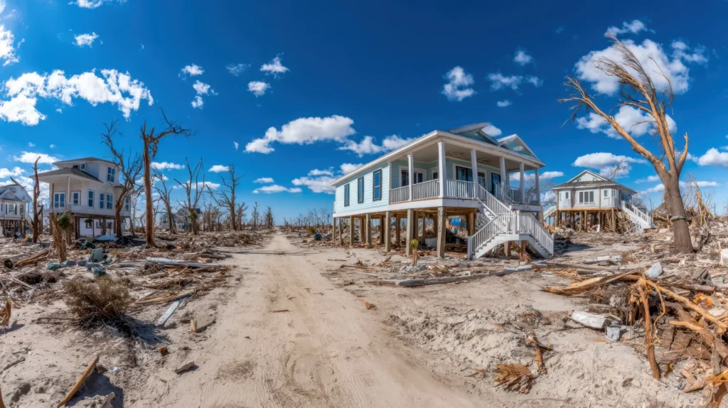 Elevated houses surrounded by debris and dead trees under a clear blue sky.