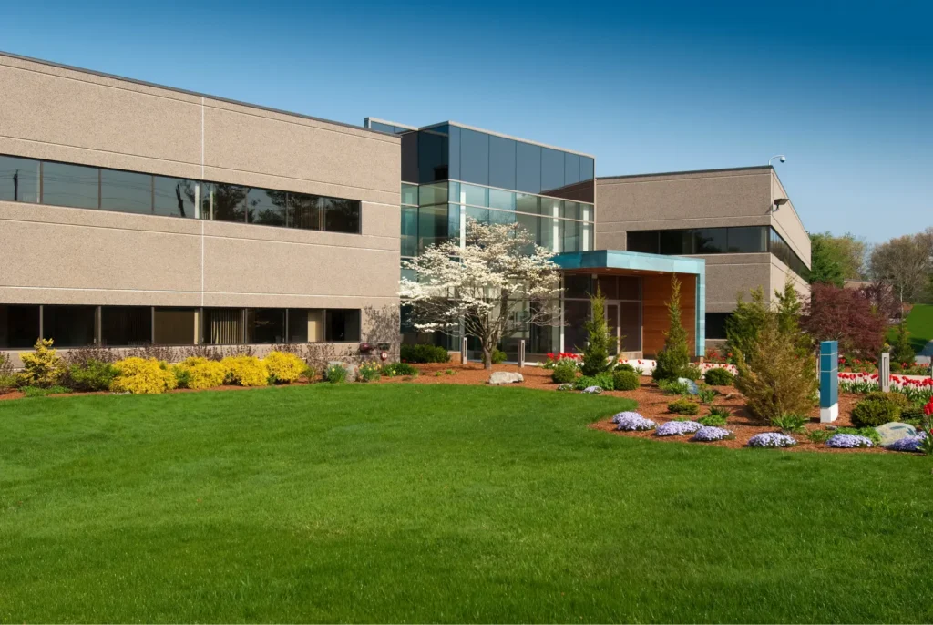 Modern office building with large glass entrance and landscaped lawn with flowering trees and shrubs.