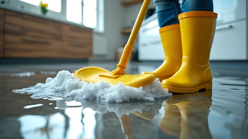 Yellow boots mopping up a flooded floor.