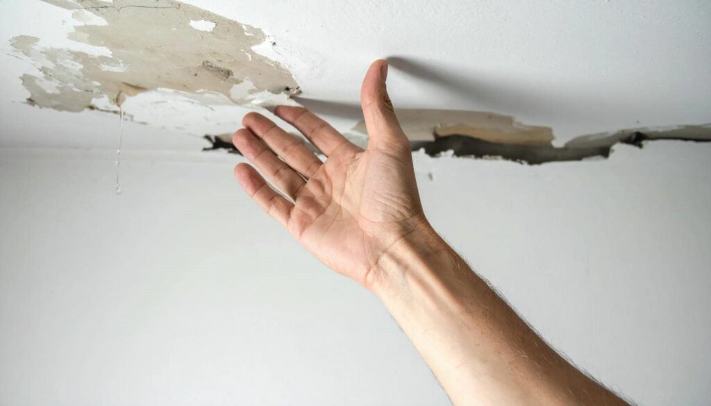 Hand pointing to water-damaged ceiling with peeling paint and water dripping.
