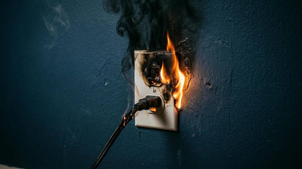 Electrical outlet and plug on fire with smoke rising against a blue wall.