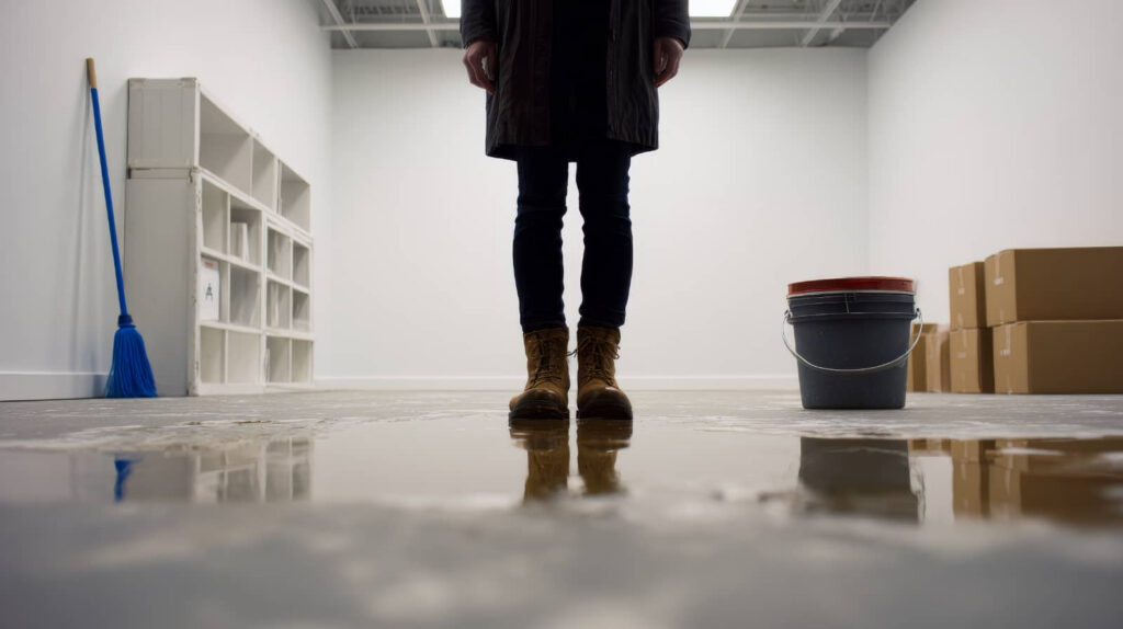Person standing in a flooded room with a mop and bucket.