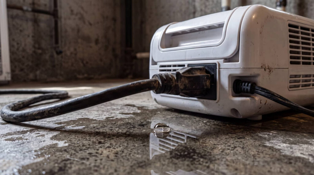 A dirty white appliance with a plugged-in power cord on a wet floor.