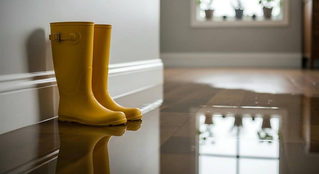Yellow rain boots standing on a shiny floor indoors.