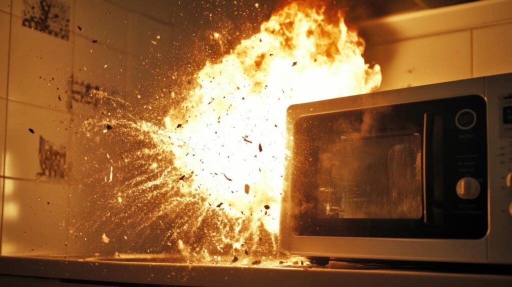 Microwave oven exploding with flames and debris flying outward.