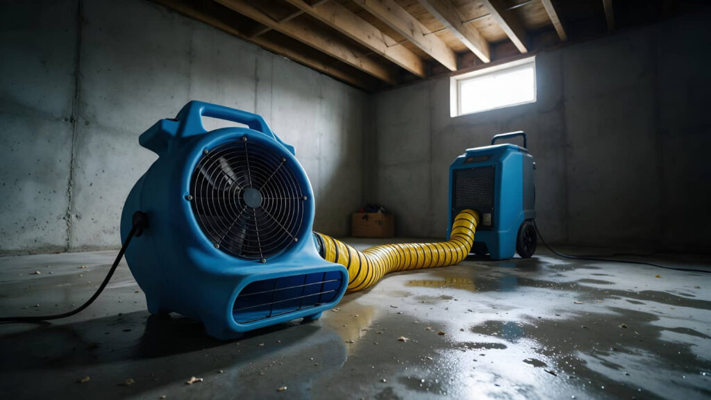 Blue industrial fans with a yellow hose drying a damp basement.