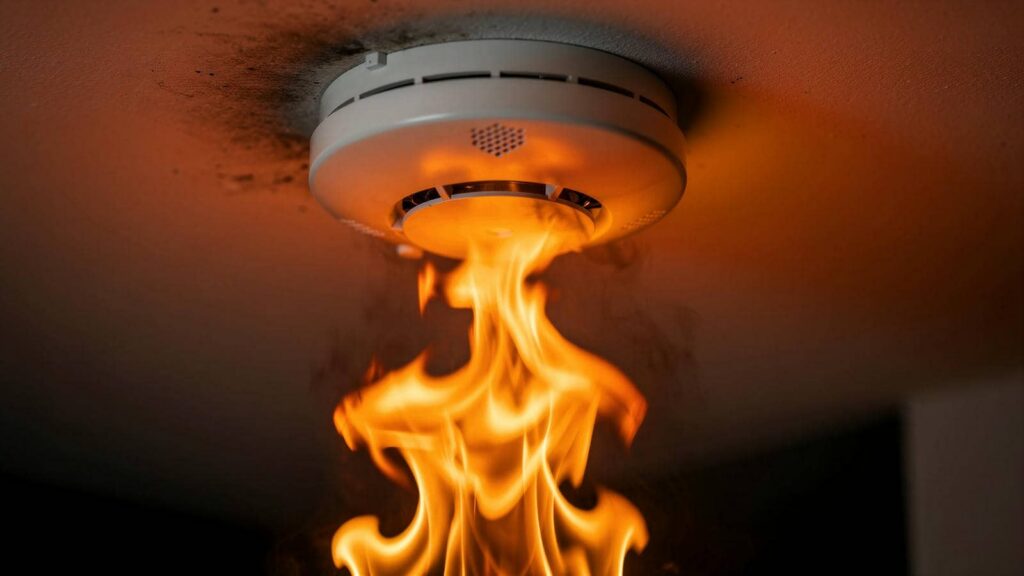 Ceiling smoke detector engulfed in flames.