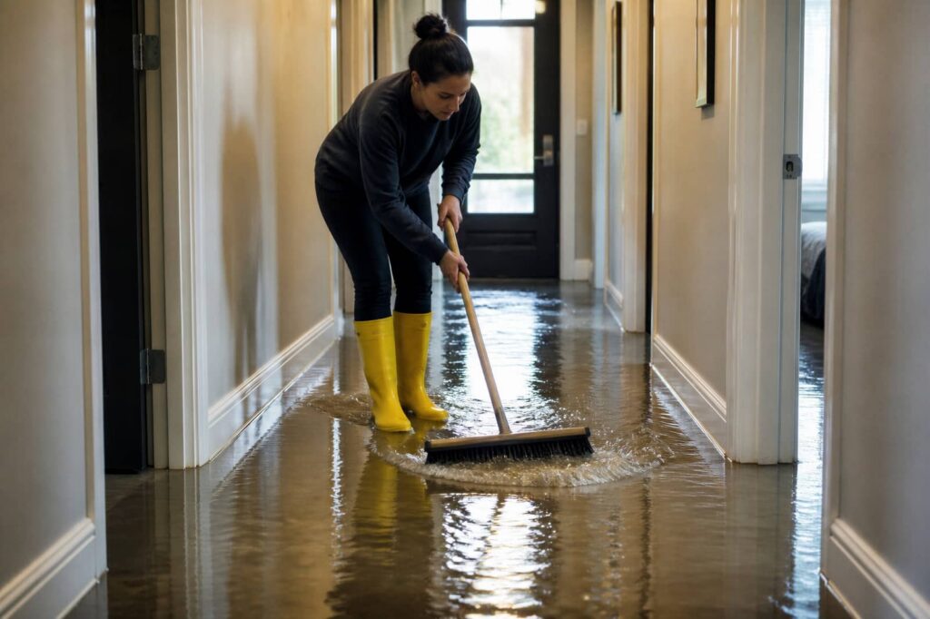 Woman in yellow boots mops floodwater in a hallway.