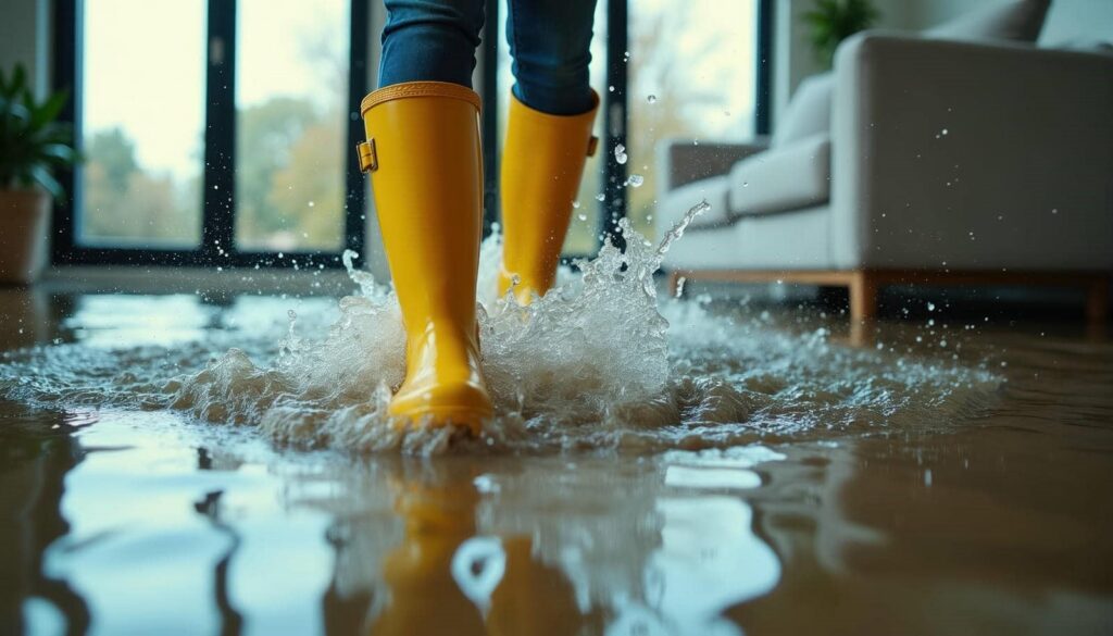 Person wearing yellow rain boots splashing through water flooding a living room floor.