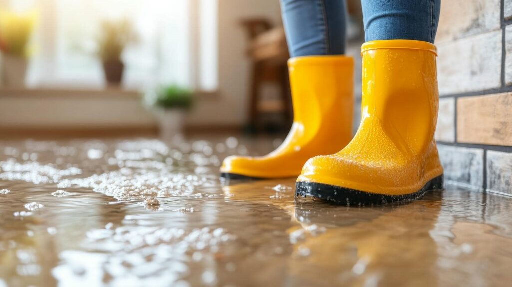 Person wearing yellow rain boots standing in a flooded indoor area with water on the floor.
