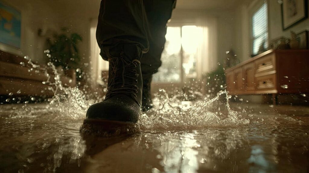 Close-up of a black boot splashing water on a flooded floor inside a room.