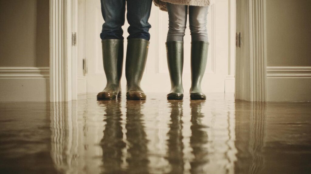 Two people wearing green rain boots standing in a flooded indoor hallway.