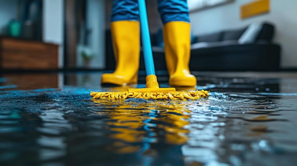 Person in yellow boots mopping a flooded floor indoors.