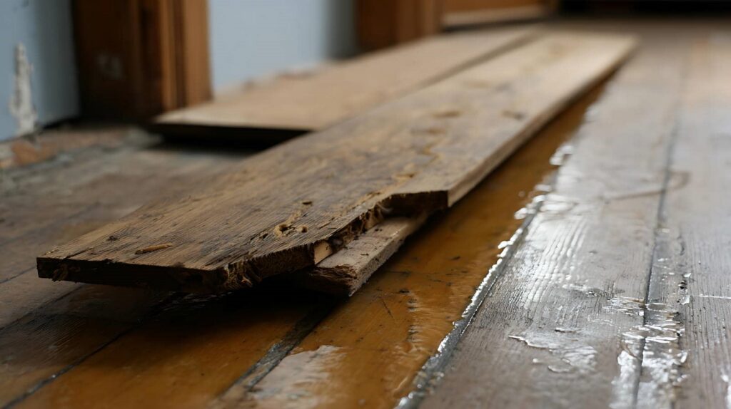 Warped and damaged wooden floorboards lifted from a wet wooden floor.