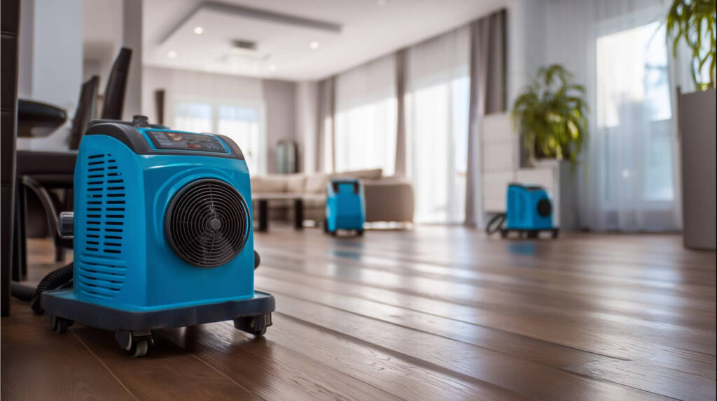 Blue industrial air mover on a hardwood floor in a bright room.