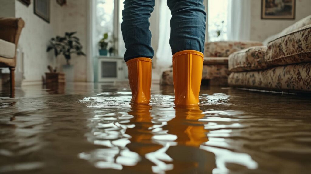 Person wearing yellow rain boots standing in a flooded living room with water covering the floor.