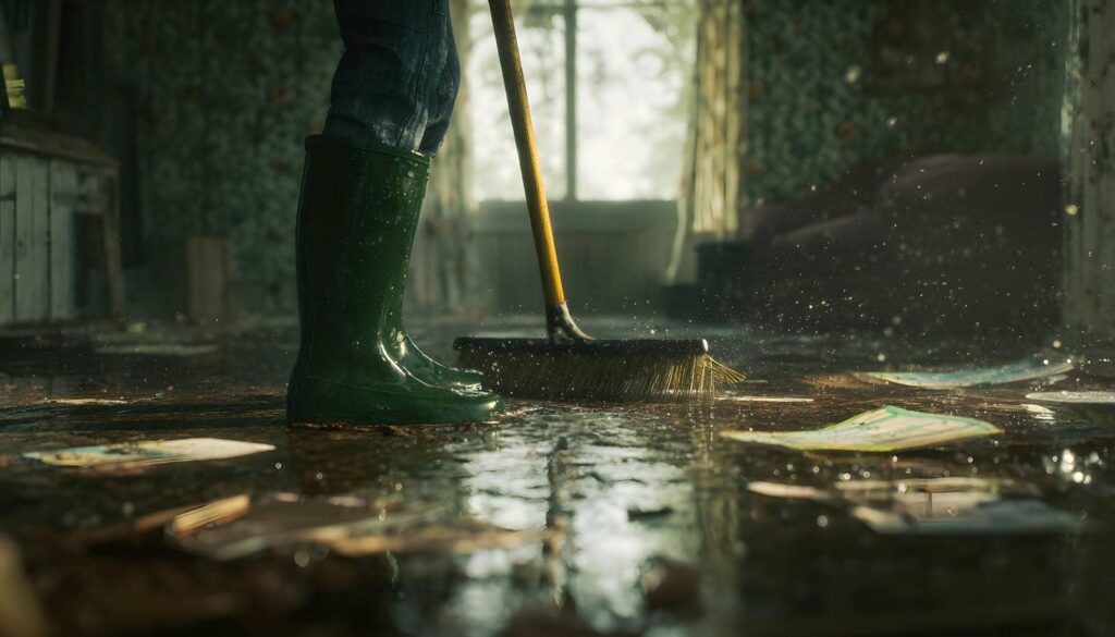 Person in green rain boots sweeping a wet floor with a broom.