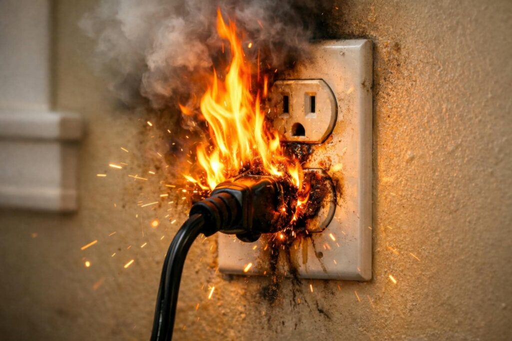 Electrical outlet with a plug on fire, emitting flames and sparks.