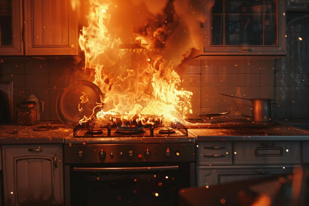 Flames engulf a stove burner in a kitchen fire with sparks and smoke rising.