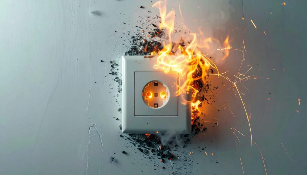 Electrical outlet on fire with flames and sparks burning the surrounding wall.