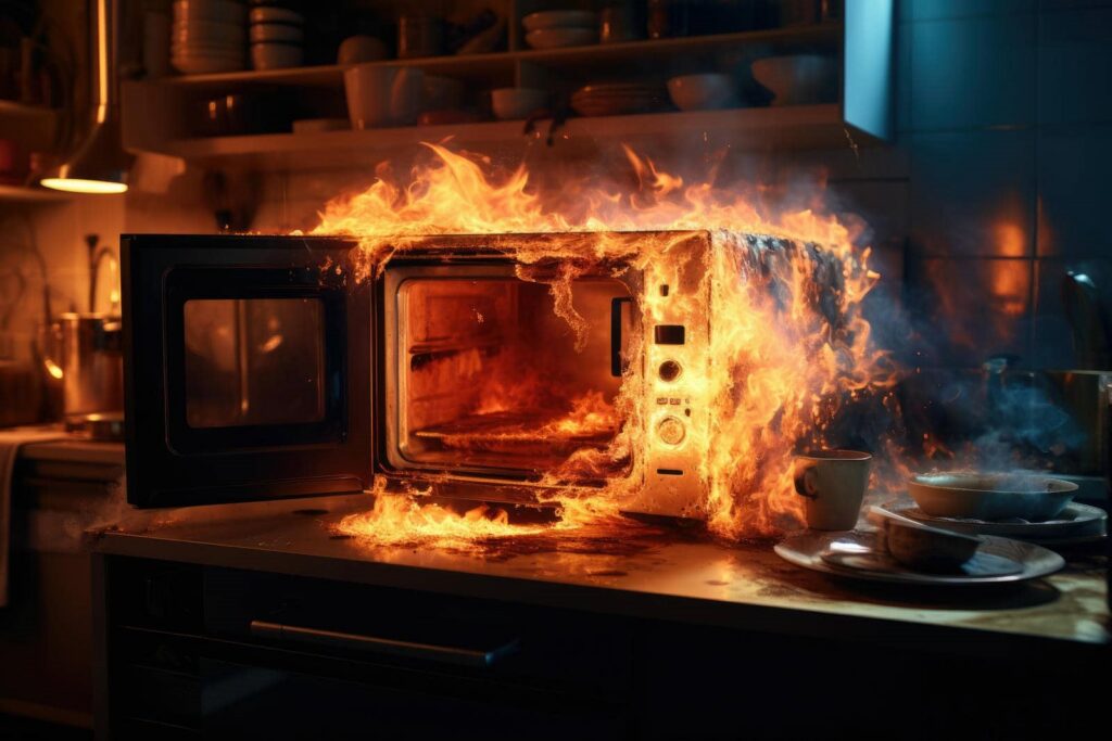 Microwave oven engulfed in flames on a kitchen countertop with dishes nearby.