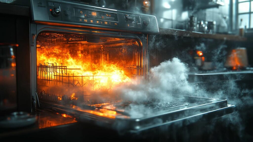 Oven door open with intense fire and smoke billowing out into a kitchen.