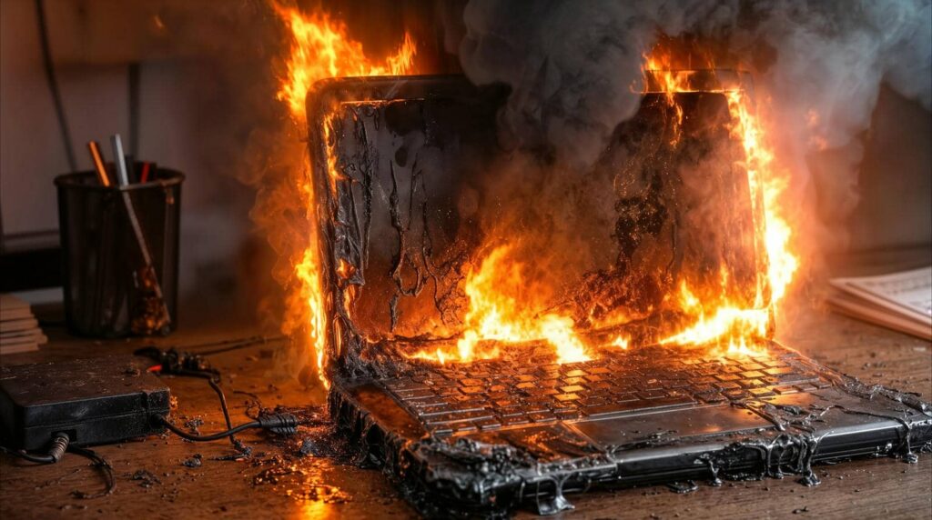 Laptop engulfed in flames on a desk.