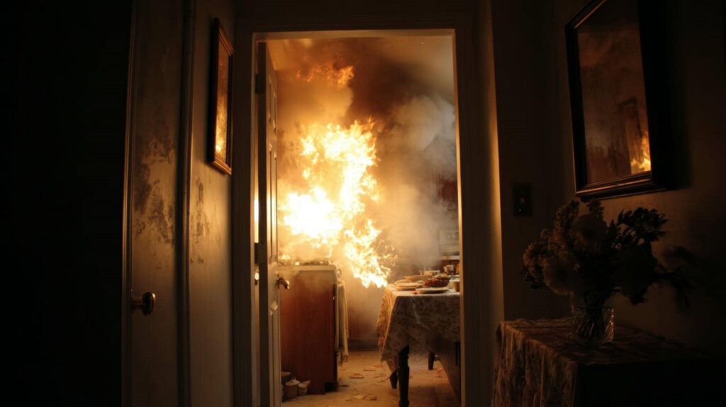 Kitchen stove engulfed in flames with smoke filling the room.