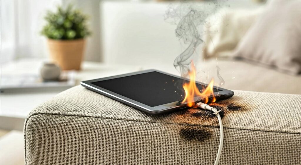 Tablet on fire at the charging cable on a beige fabric surface with smoke rising.