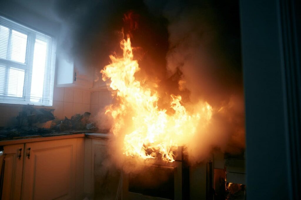 Kitchen stove engulfed in large flames and thick smoke.