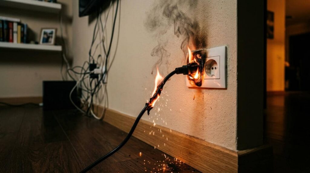 Burning electrical cord plugged into a wall outlet.