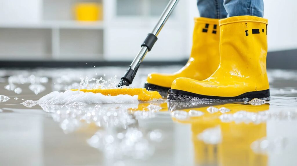 Yellow rain boots mopping a wet floor.