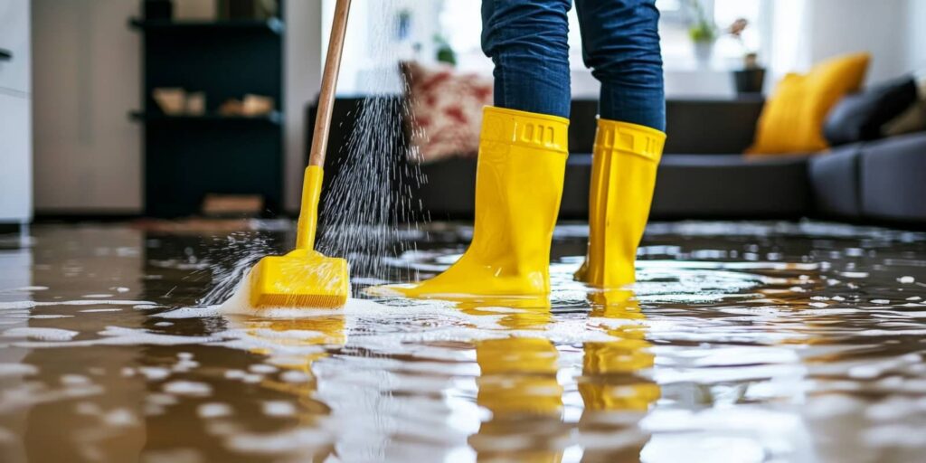 Person in yellow boots mopping a flooded living room.