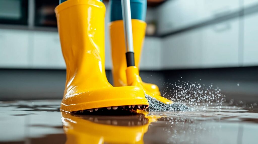 Yellow rain boots splashing through a puddle with a mop handle nearby.
