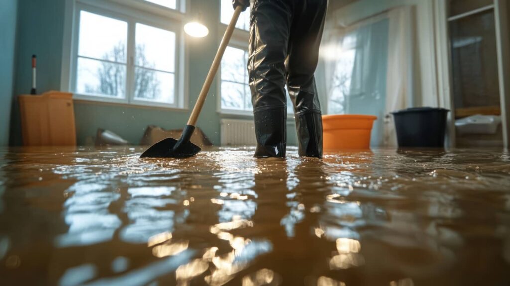 Person in boots shoveling water inside a flooded room.