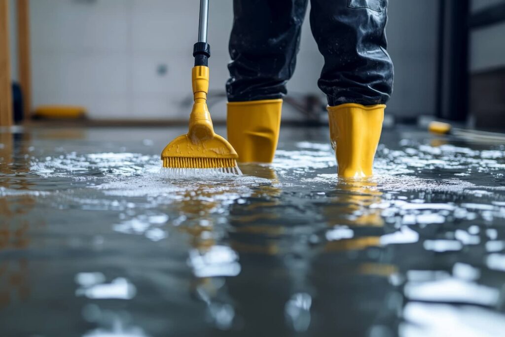 Person in yellow boots mopping a flooded floor.