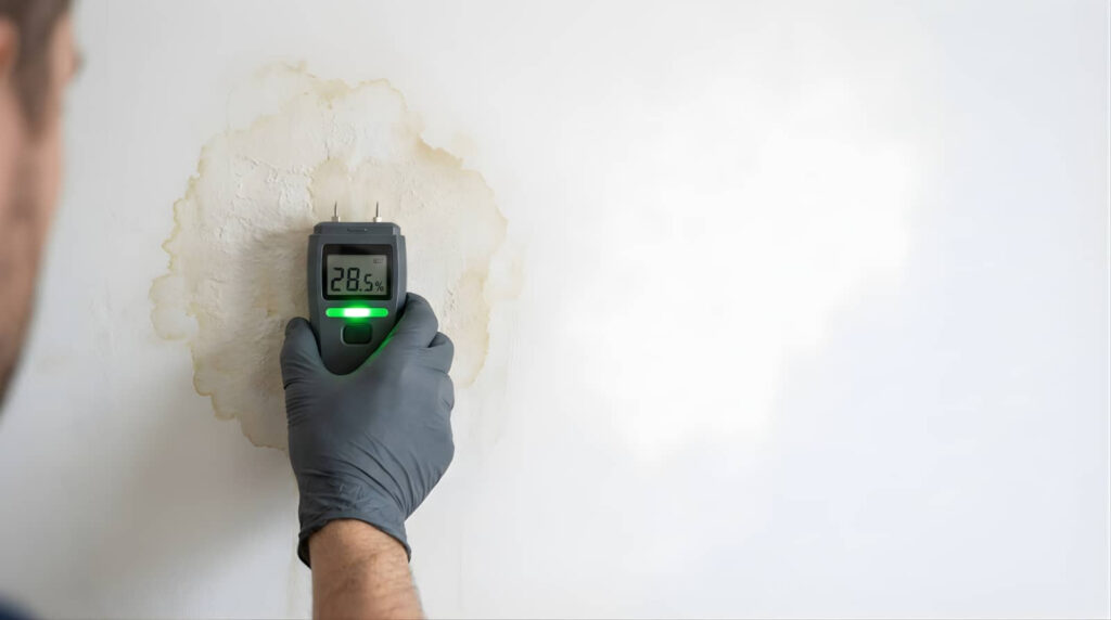 Gloved hand using a moisture meter on a water-damaged wall.
