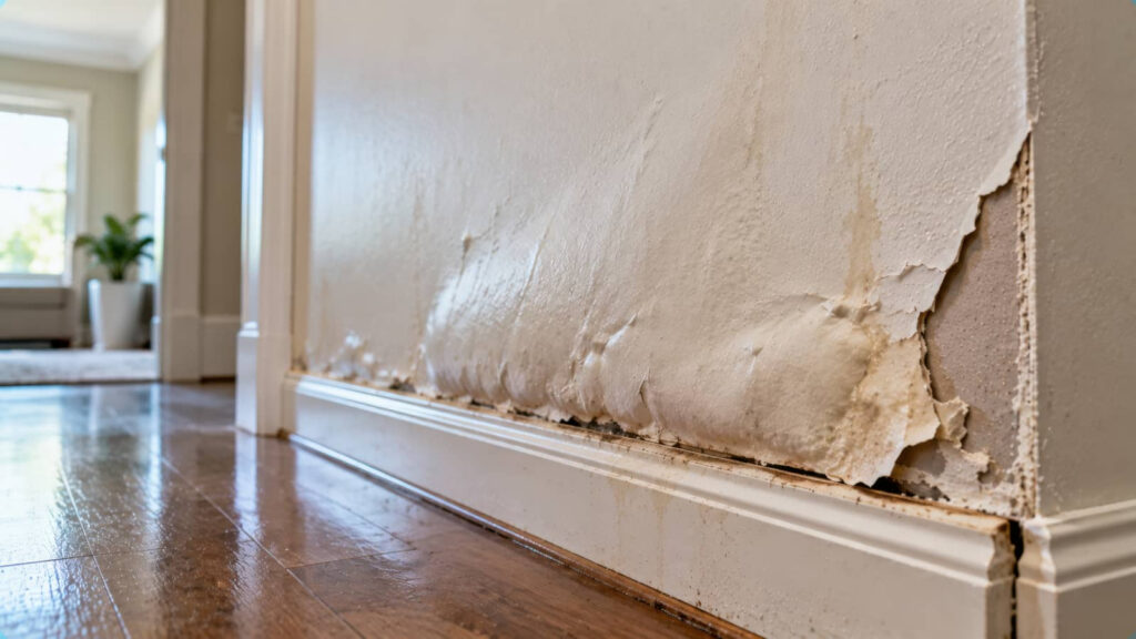 Water-damaged wall with peeling paint and warped baseboard.