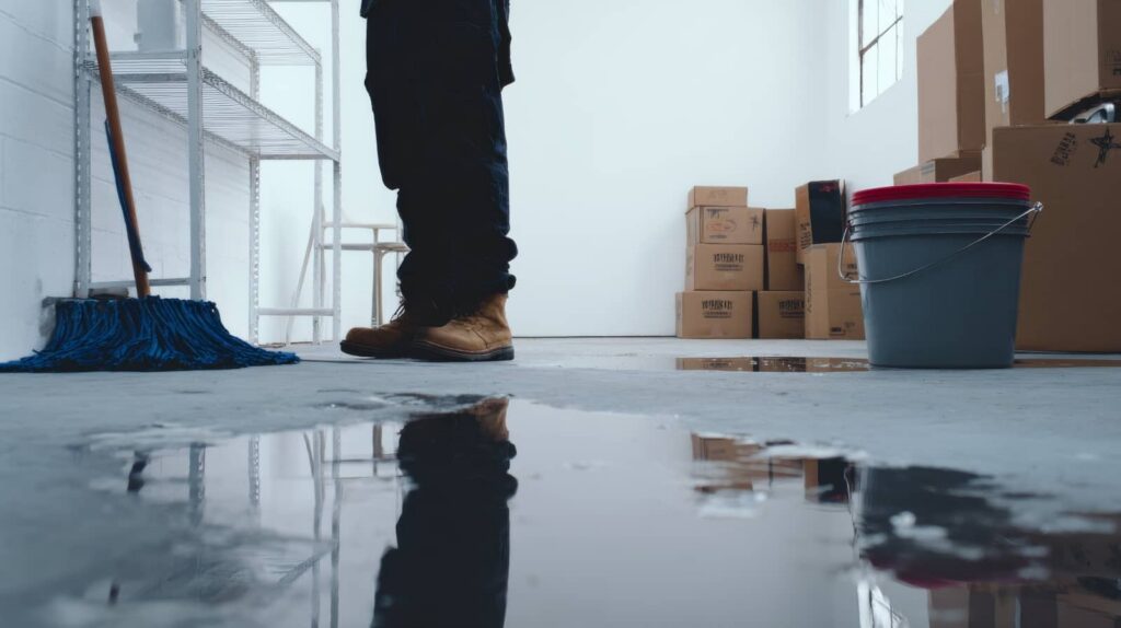 Person standing in a flooded storage room with boxes and a mop.