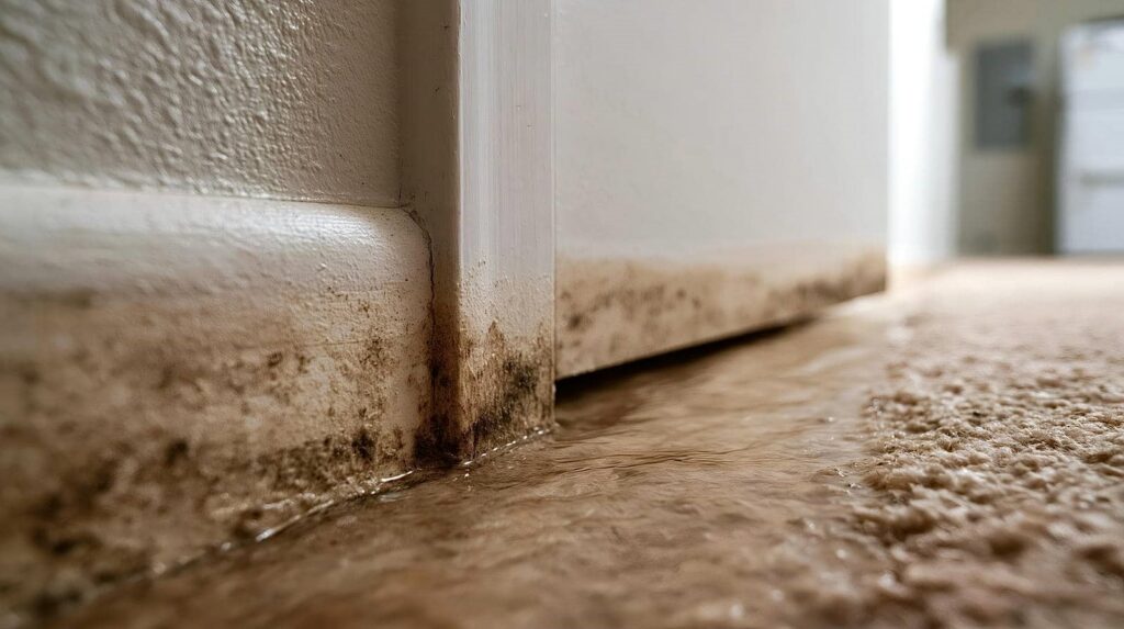 Water flooding a carpeted floor with mold and dirt along the baseboard and door edge.