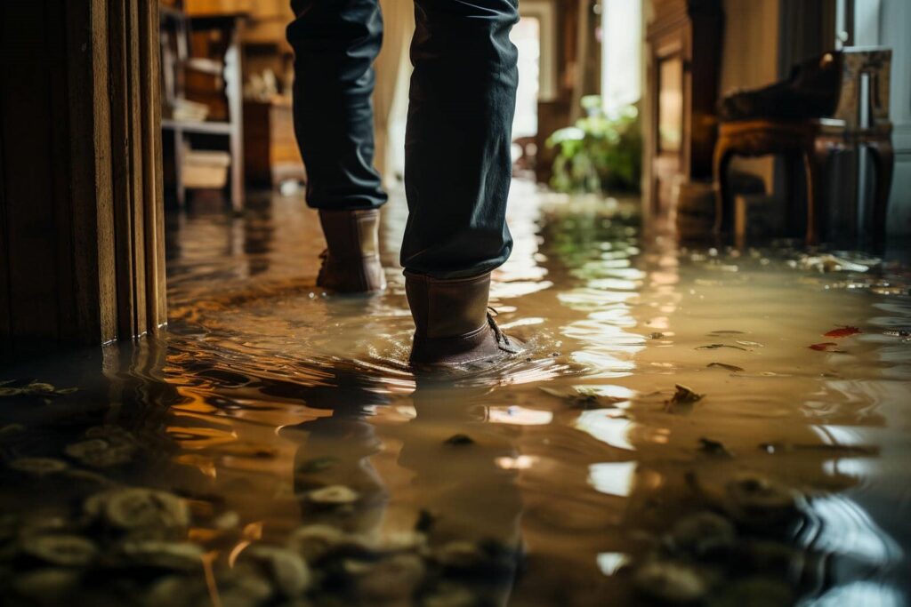 Person wearing boots walking through a flooded indoor space with water covering the floor.