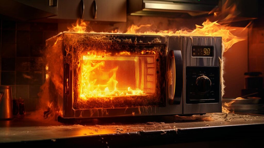 Microwave oven engulfed in flames on a kitchen countertop.