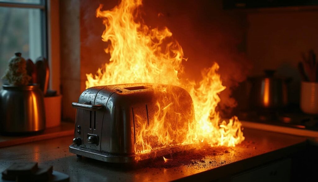 A toaster engulfed in flames on a kitchen countertop.