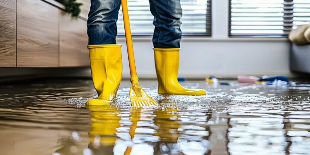 Person in yellow boots mopping a flooded room.
