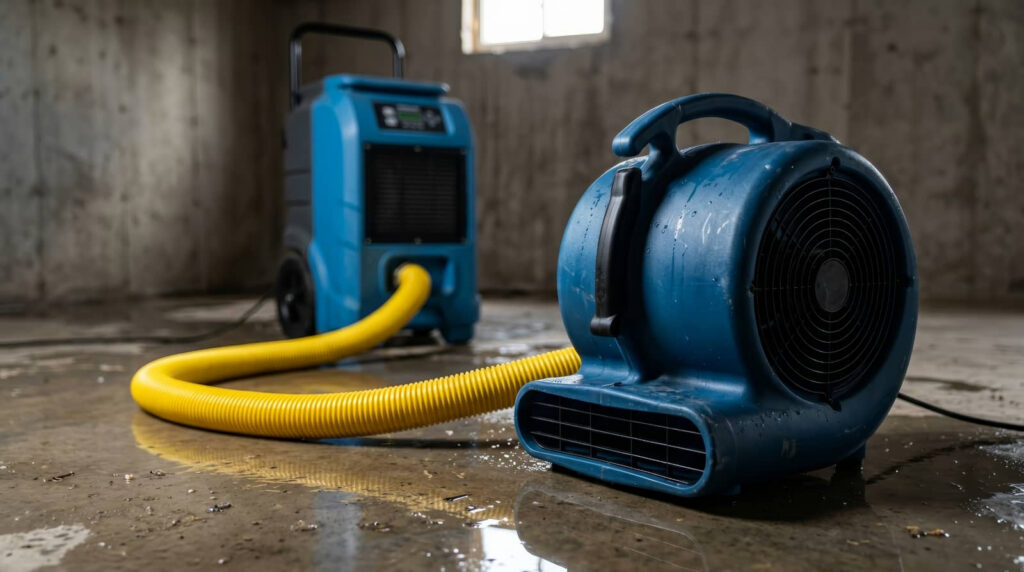 Blue industrial air movers drying a wet concrete floor.