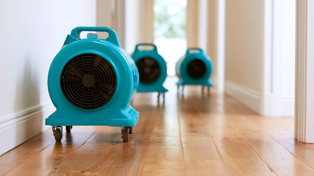 Three blue floor fans in a hallway.